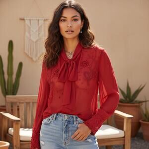 Zara Sheer Beaded Blouse Red Medium Necktie Embellished